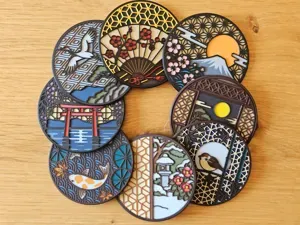 Japanese Kumiko Coasters - 8 Multicolor Scenes