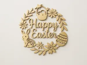 Happy Easter Flowers Wreath Sign - Easter Wall Art