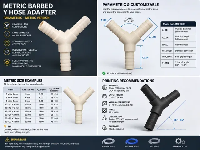 Parametric Barbed Y Hose Connector V2–Metric+Inch — Image 3 of 10