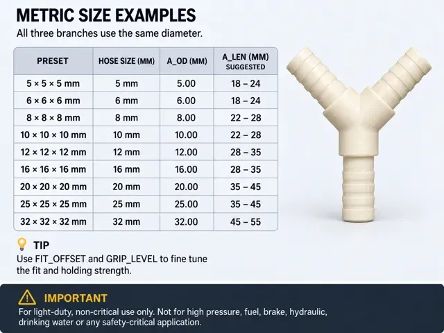 Parametric Barbed Y Hose Connector V2–Metric+Inch — Image 4 of 10