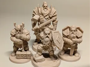 3 Dwarf and 1 Human warriors dnd sizes