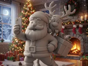 Père Noël et renne en selfie