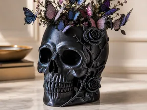 Skull Vase with Roses | Gothic Decorative Planter 