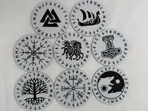 Nordic/Viking Coaster Set 8 Designs + Holder 100mm