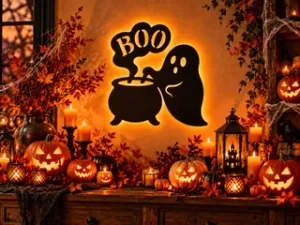 Halloween Ghost & Cauldron Wall Art – BOO Spooky Decoration