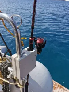 Fishing rod holder for mounting on a railing