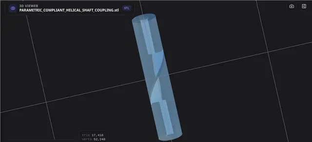 Parametric Compliant Helical Shaft Coupling OpenSCAD 3D print model A highly optimized, fully parametric Compliant Helical Shaft Coupling designed specifically for angular, parallel, and axial shaft misalignments while transmitting rotational torque — Фото 7 из 10