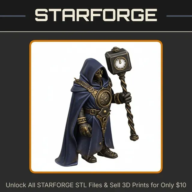 28mm Steampunk Hooded Timekeeper With Clock Staff and Intricate Armor Details StarForge Kits 3D Print STL File
