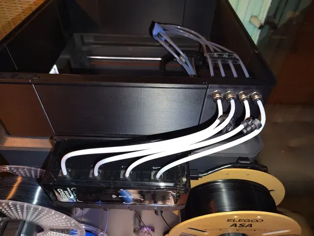 Rear right corner w/ added inner PTFE tubes shelf (to keep the inner 4 x PTFE tubes straight and level at connectors exit, to avoid jams there) for CC1 Canvas Relocation & Riser project (replaces "AEE_45_Deg_Corner_RR_PTFE" no LED part in origin project) — Фото 17 из 34