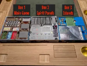 Nine Spirits' Islands – 3-box organizer for ALL Spirit Island content, optimized for 1 to 9+ players