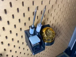 Skadis Soldering Station: Pinecil (x2) and Hakko Tip Cleaner (uses heat set inserts)