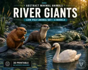 Abstract Minimal Animals – River Giants (Low Poly Beaver, Otter, Crocodile & Swan)