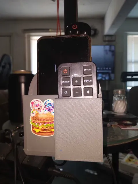 Magic remote/ Phone holder with wireless charging clamps around Mainstays Glass End Table Floor Lamp.
