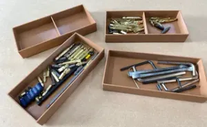 Stackable tool storage trays.