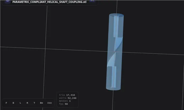 Parametric Compliant Helical Shaft Coupling OpenSCAD 3D print model A highly optimized, fully parametric Compliant Helical Shaft Coupling designed specifically for angular, parallel, and axial shaft misalignments while transmitting rotational torque — Фото 8 из 10