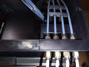 Rear right corner w/ added inner PTFE tubes shelf (to keep the inner 4 x PTFE tubes straight and level at connectors exit, to avoid jams there) for CC1 Canvas Relocation & Riser project (replaces "AEE_45_Deg_Corner_RR_PTFE" no LED part in origin project)