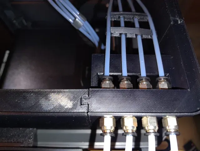 Rear right corner w/ added inner PTFE tubes shelf (to keep the inner 4 x PTFE tubes straight and level at connectors exit, to avoid jams there) for CC1 Canvas Relocation & Riser project (replaces "AEE_45_Deg_Corner_RR_PTFE" no LED part in origin project)