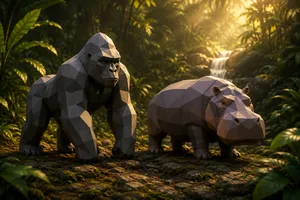 Abstract Minimal Animals – Jungle Duo (Low Poly Gorilla & Hippopotamus)