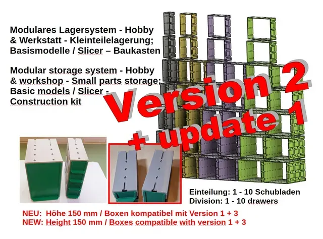 Version 2 - Modulares Lagersystem - Hobby & Werkstatt - Kleinteilelagerung; Basismodelle / Slicer - Baukasten // Modular storage system - Hobby & workshop - Small parts storage; Basic models / Slicer - Construction kit