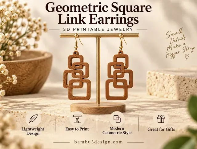 Geometric Square Link Earrings – 3D Printable Jewelry
