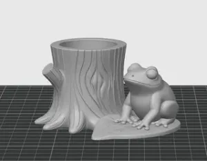 Frog sitting on a leaf next to a hollow tree stump - desk organizer / Pen Holder / Box / decoration decor