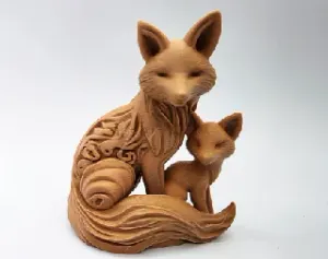 Wood-Carved Fox & Cub
