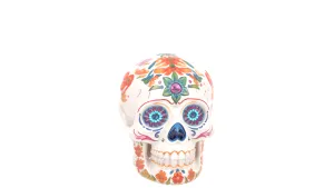 Festive 3D Candy Skull Model with Sugar Icing Floral Patterns Sparkling Gem Eyes Colorful Halloween