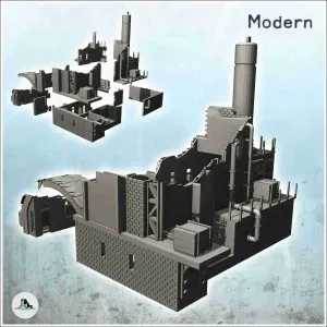 Modern brick factory with large chimney and access arch (des