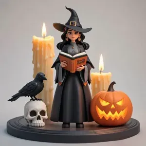 3156Witch with Spell book, Skull, Raven and Pumpkin 3d stl