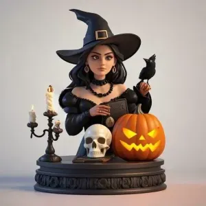 3373 Halloween Witch with Skull, Raven and Pumpkin 3D STL