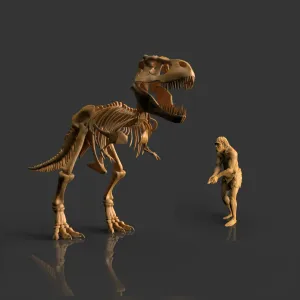 The statuette Primitive Man and T-rex Skeleton