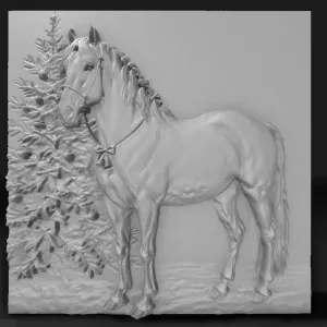 horse near the Christmas tree