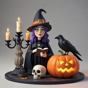 26 Witch with Spell book, Skull, Raven and Pumpkin Color