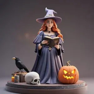 3415 Witch with Skull, Raven and Pumpkin Color 3D STL