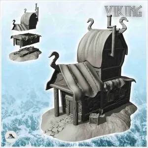 Viking building with wooden emblems and exterior pipes with