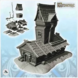 Large medieval building with high tower with exterior pipes