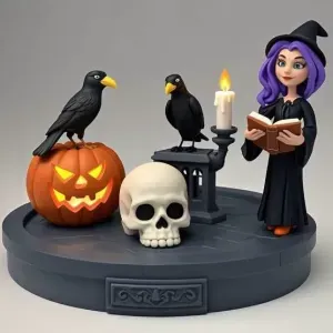 3774 Witch with Skull, Raven and Pumpkin – Color 3D STL