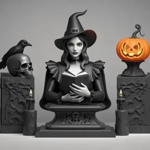 25 Witch with Spell book, Skull, Raven and Pumpkin Color