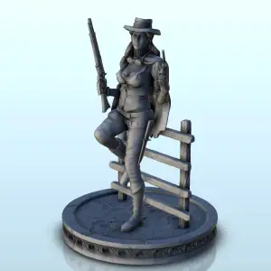 Armed woman with hat leaning against a fence (23) - Old West
