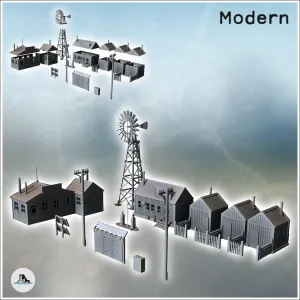 Set of modern Western town with wooden houses and gas statio