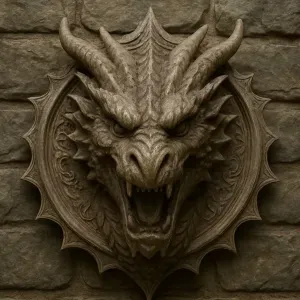 An intricately carved wooden plaque bust of a dragon