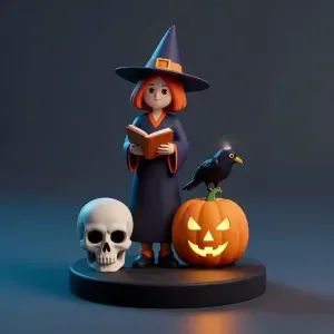 3777 Witch with Skull, Raven and Pumpkin magic 3D STL