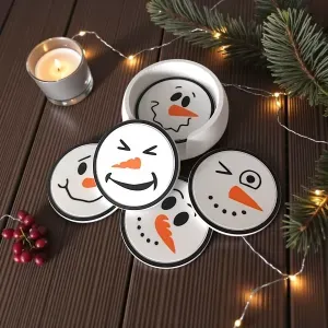 Funny snowman coasters with holder (six faces)