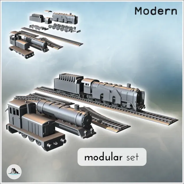 Set of steam and diesel locomotives with various types of tr