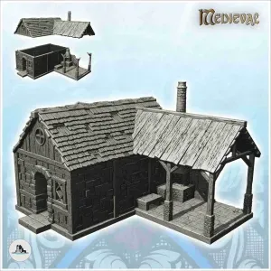 Medieval blacksmith house with forge, chimney and awning (10