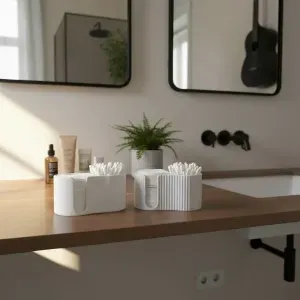 Modern ribbed Q-tip and cotton pad dispenser