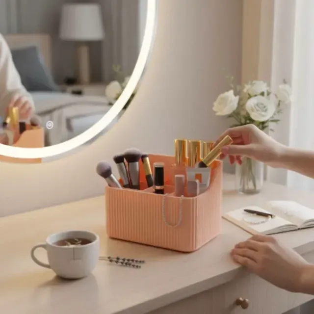 Ribbed makeup organizer with six compartments