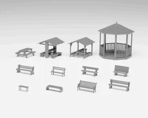 Park Benches Pack - benches, picnic tables and gazebo in H0
