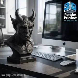 Horned Demon Bust STL – Dark Fantasy Statue, Single-Color 3D