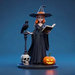 3768 Witch with Spell book, Skull, Raven and Pumpkin STL